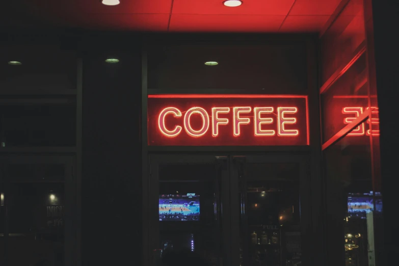 a neon sign in front of a coffee shop, a photo, pexels, red and obsidian neon, coffee, at home, neon rim light