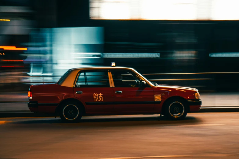 a red taxi driving down a street at night, pexels contest winner, hyperrealism, square, hydrogen fuel cell vehicle, chinese style, 80s photo