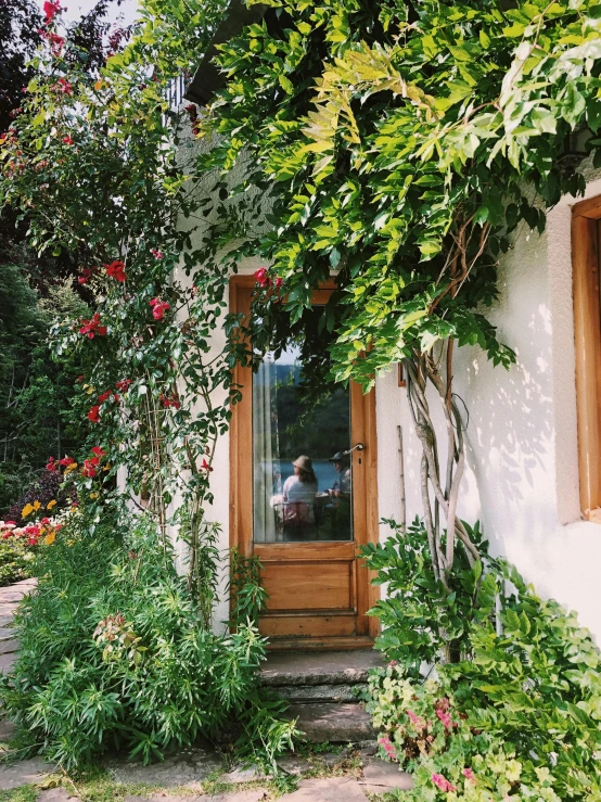 a couple of windows sitting on the side of a building, a picture, by Anna Haifisch, happening, rich vines and verdant flowers, wood door, shot with iphone 1 0, portait image