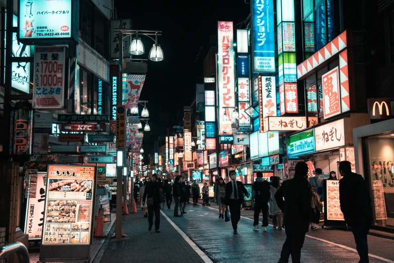 a group of people walking down a street at night, a photo, pexels contest winner, ukiyo-e, colorful signs, down-town, teal neon lights, ethnicity : japanese