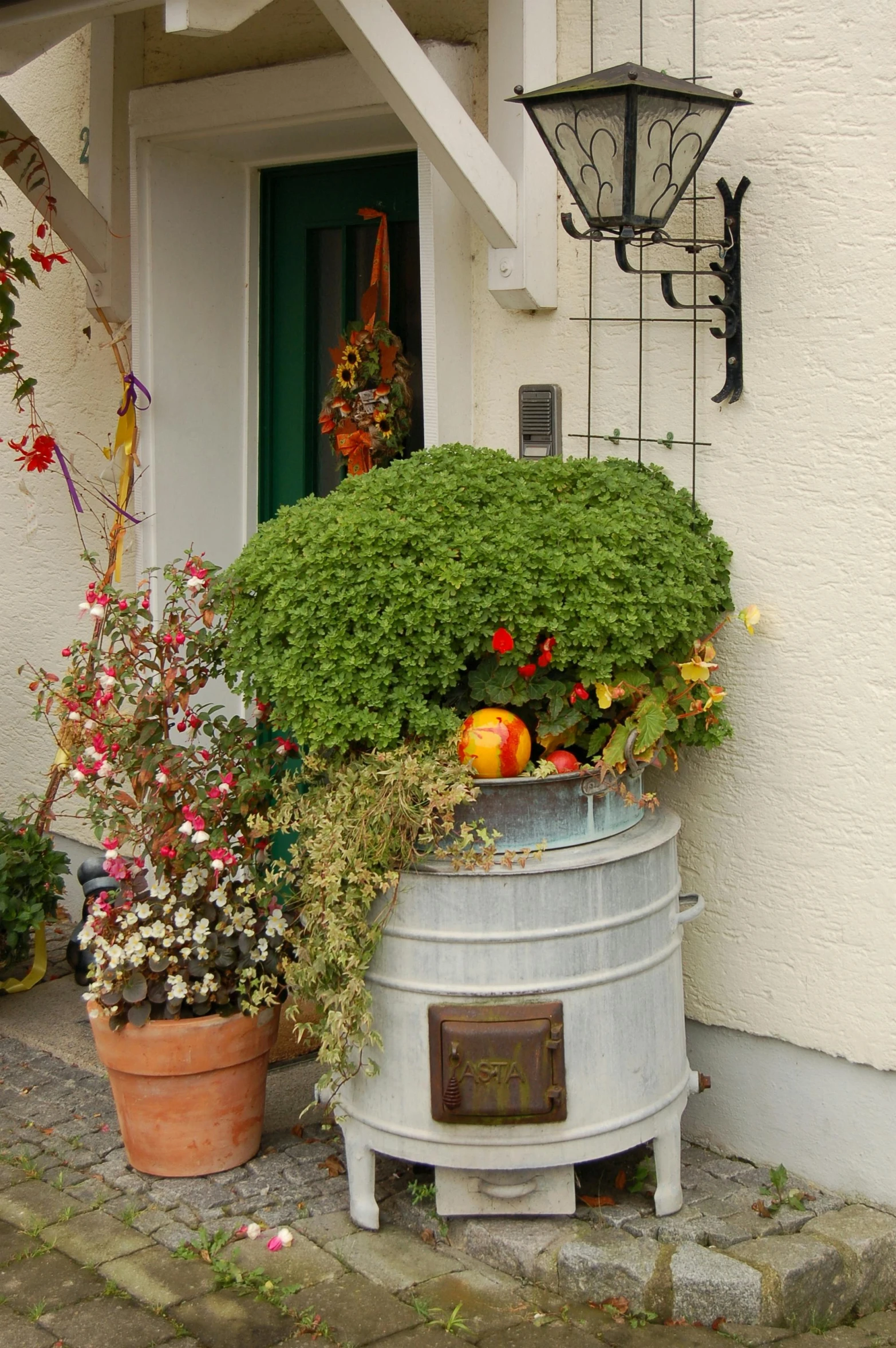 a potted planter on the side of a house, a photo, by Karl Gerstner, shutterstock contest winner, autum, decorations, massive wide trunk, lower saxony