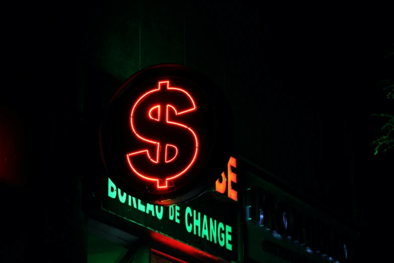 a neon sign with a dollar sign on it, by Andrée Ruellan, pexels contest winner, renaissance, asking for change, bank, portrait photo, thumbnail