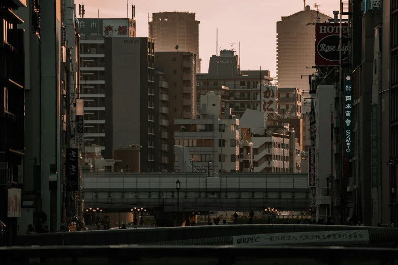 a city street filled with lots of tall buildings, a picture, pexels contest winner, ukiyo-e, golden hour photo, all buildings on bridge, brutalist shiro, brown