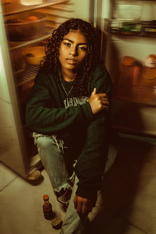 a woman sitting in front of an open refrigerator, inspired by Elsa Bleda, trending on pexels, graffiti, black teenage girl, 🤤 girl portrait, a black man with long curly hair, tomboy