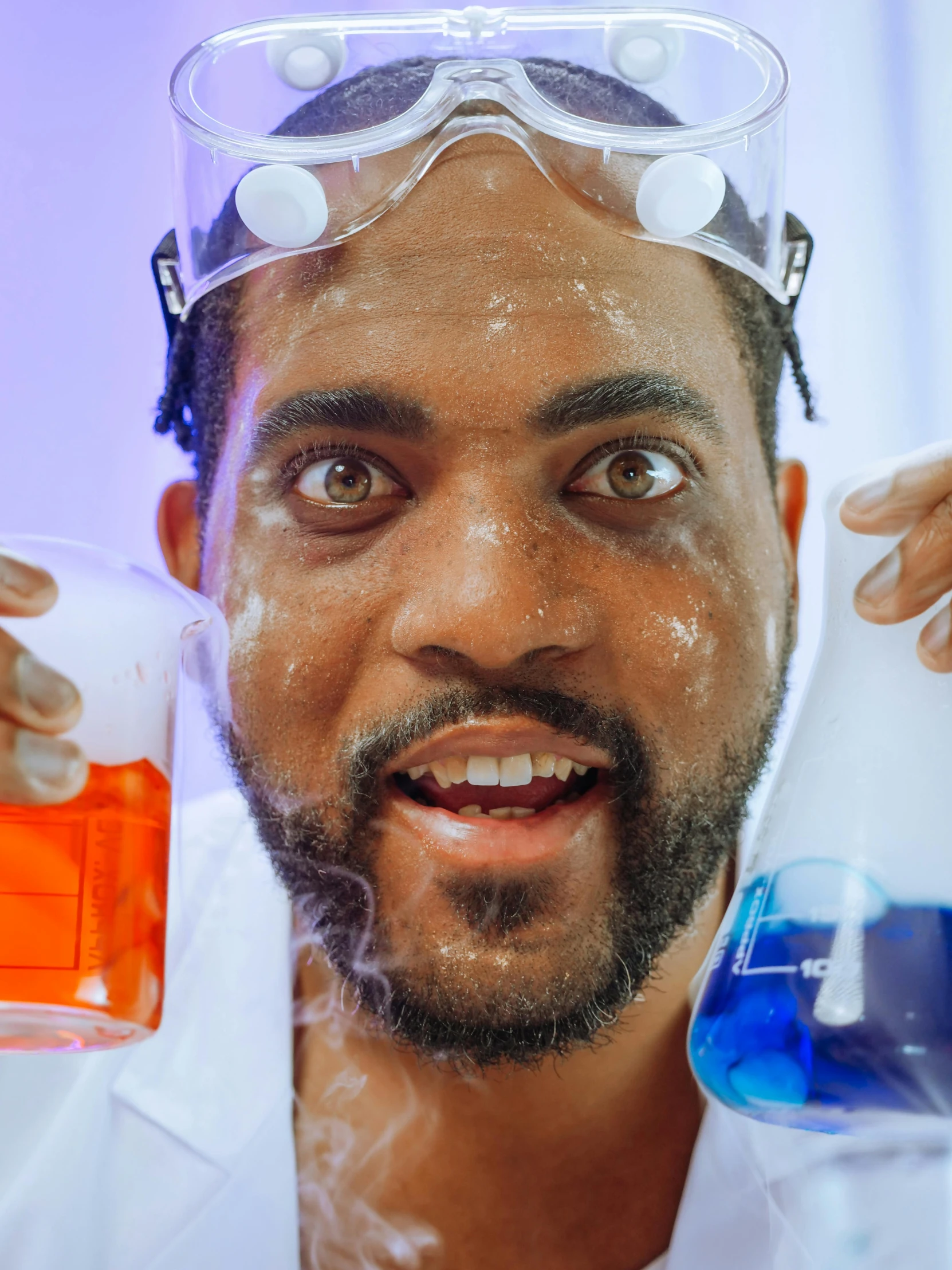 a man in a lab coat holding a beakle full of liquid, pexels contest winner, drake's face, beakers of colored liquid, ( ( theatrical ) ), gif