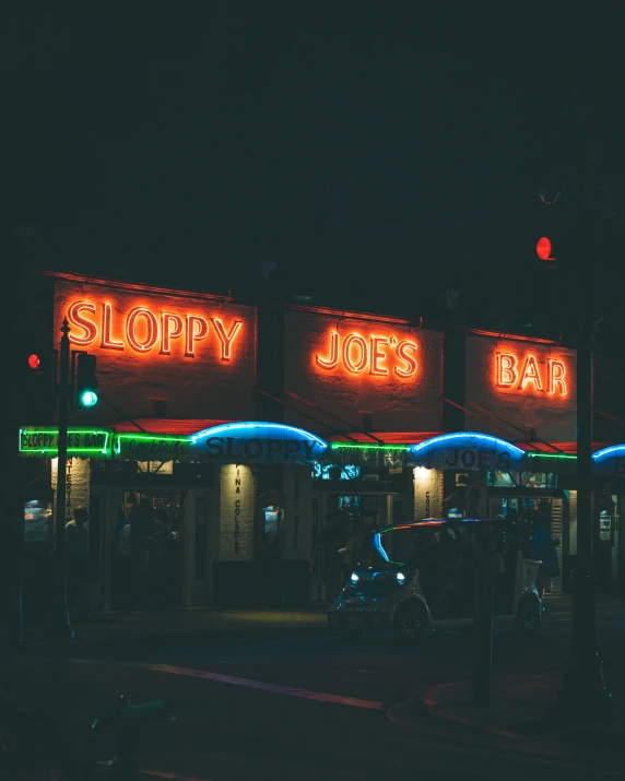 a neon sign for sloppy joe's bar lit up at night, a polaroid photo, unsplash contest winner, neon hooves, joe keery, moody::alejandro jodorowsky, very dark with green lights