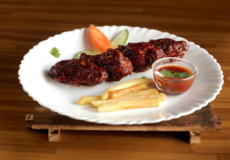 a white plate topped with meat and french fries, indiecraft aesthetic, wing, vastayan, thumbnail