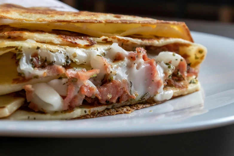 a close up of a sandwich on a plate, chuvabak, denys tsiperko, the leaning tower of pizza, folded