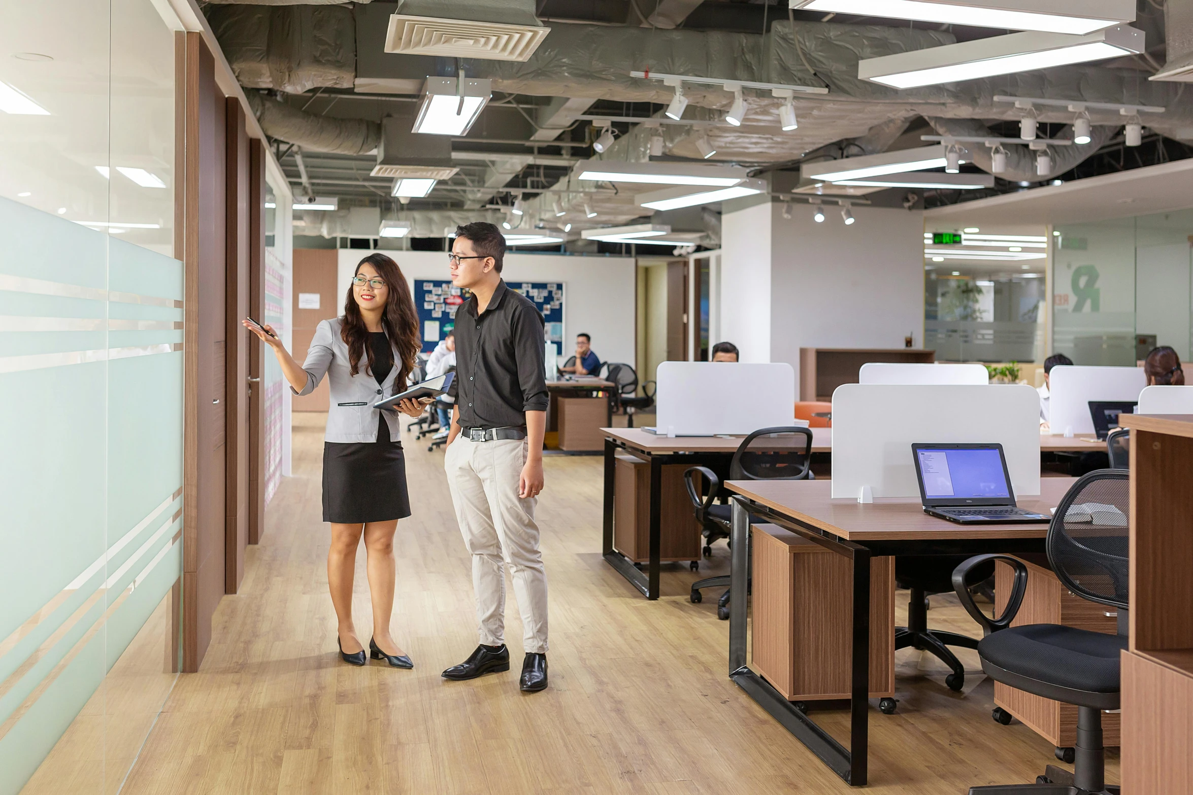 a couple of people that are standing in a room, a cartoon, unsplash, gutai group, cubical meeting room office, hoang long ly, avatar image