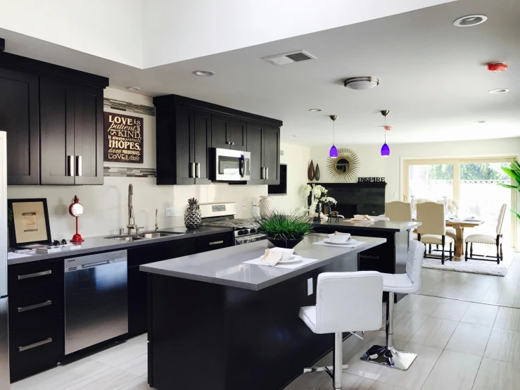 a kitchen with black cabinets and stainless steel appliances, by Carey Morris, pexels contest winner, pristine clean design, thumbnail, furniture around, hight decorated