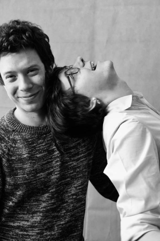 a black and white photo of a man and a woman, tumblr, photorealism, harry, cory, giggling, david bailey