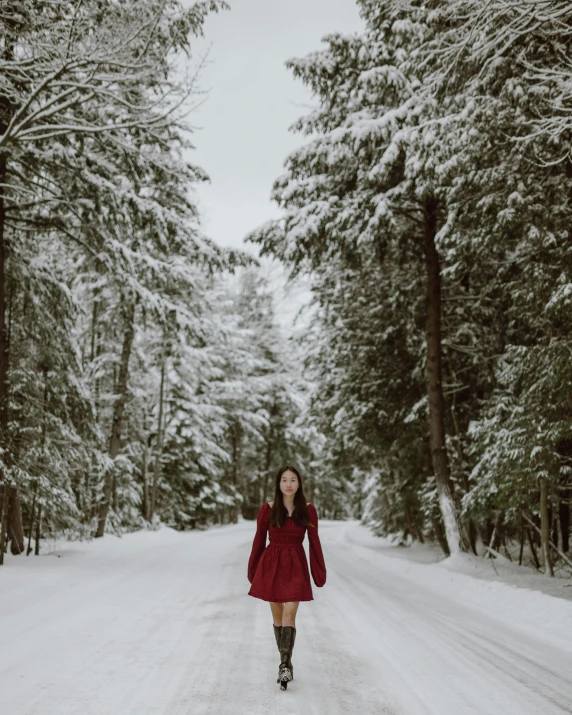 a woman in a red dress walking down a snowy road, pexels contest winner, new hampshire, 💋 💄 👠 👗, pine trees in the background, girl wearing hoodie