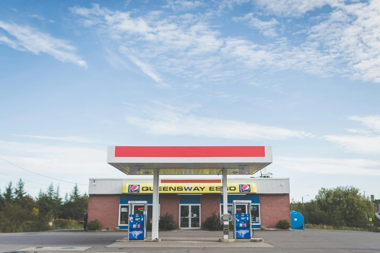 a gas station sitting on the side of a road, a portrait, by Brian Snøddy, unsplash, renaissance, clear blue skies, square, pepsi, ben ridgeway