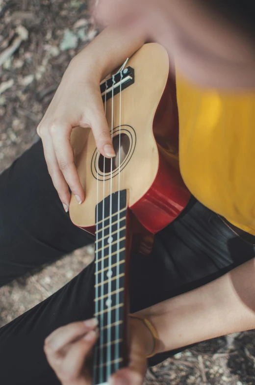 a close up of a person playing a guitar, on a tree, ukulele, slightly tanned, slight overcast