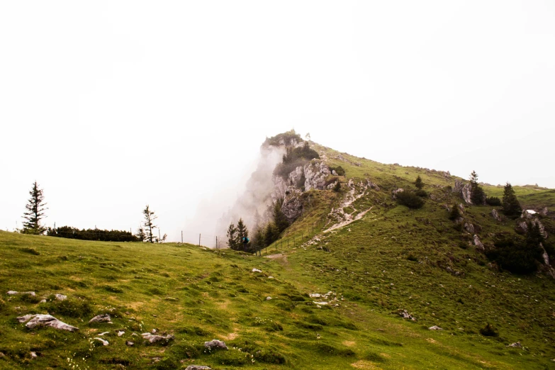 a group of people standing on top of a lush green hillside, by Matthias Weischer, les nabis, foggy day outside, limestone, half body photo, high details photo