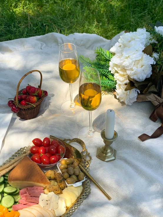 a table that has a bunch of food on it, inspired by Konstantin Somov, unsplash, romanticism, champagne, picnic, profile image