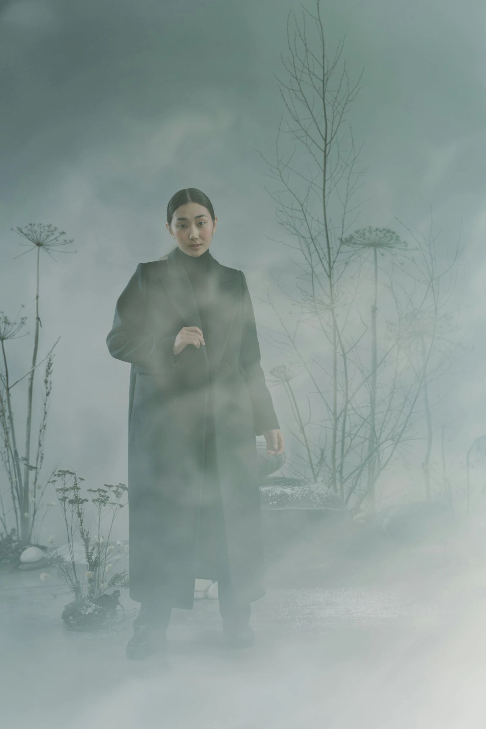 a woman standing on top of a snow covered field, an album cover, inspired by Anna Füssli, wearing black overcoat, jingna zhang, foggy room, ( ( theatrical ) )