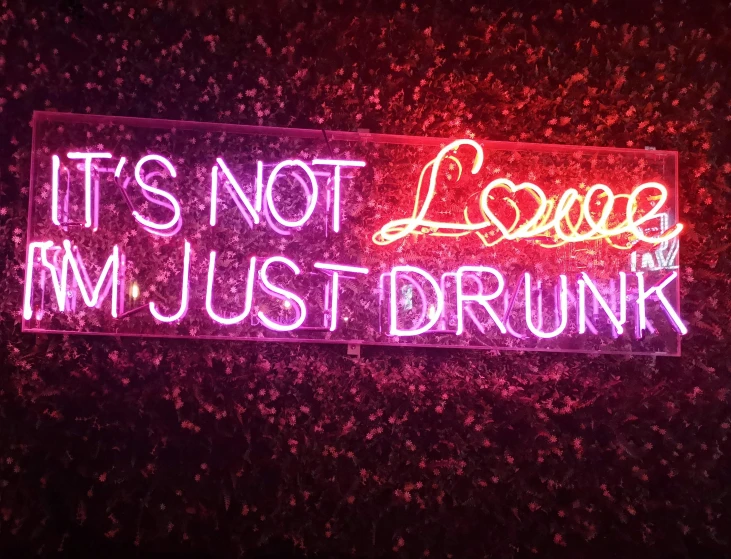 a neon sign that says it's not love it's must drunk, pexels, graffiti, 💋 💄 👠 👗, james collinson, josh grover, night light