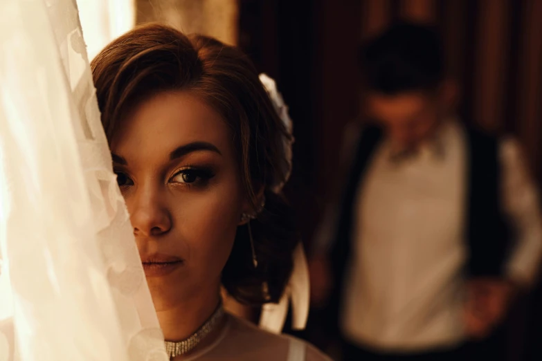 a beautiful woman standing next to a man in a tuxedo, pexels contest winner, romanticism, pouty face, white veil, thumbnail, cinematic closeup