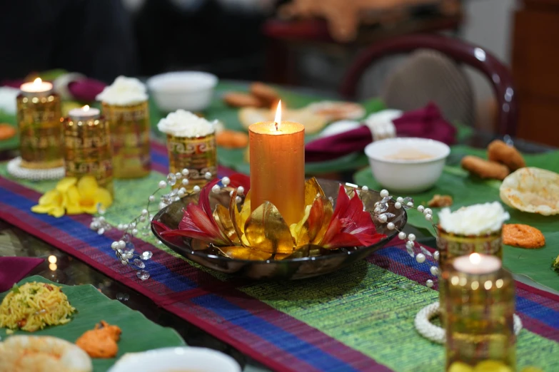 a close up of a plate of food on a table, hurufiyya, candle lighting, square, professional image, multicoloured