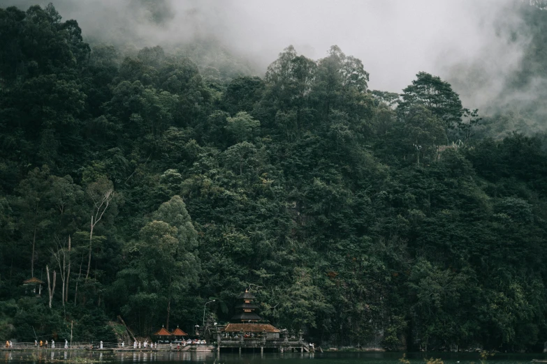 a large body of water next to a forest, by Emma Andijewska, sumatraism, chinese temple, unsplash photography, alessio albi, detailed trees and cliffs