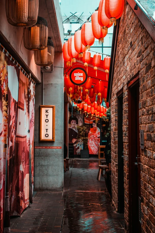 a narrow alley with lanterns hanging from the ceiling, by Julia Pishtar, pexels contest winner, ukiyo-e, red white and gold color scheme, bright signage, inside a bar, wearing a red cheongsam