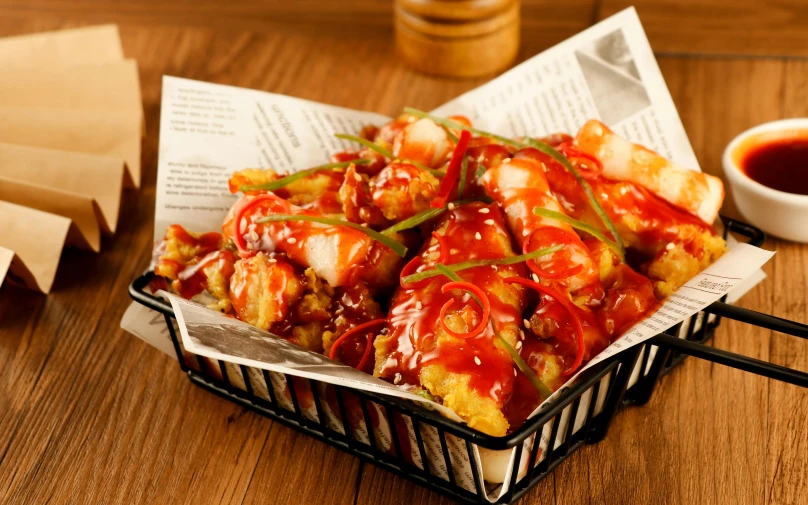 a basket of food sitting on top of a wooden table, ruffled wings, thumbnail, korean supper, alternate angle