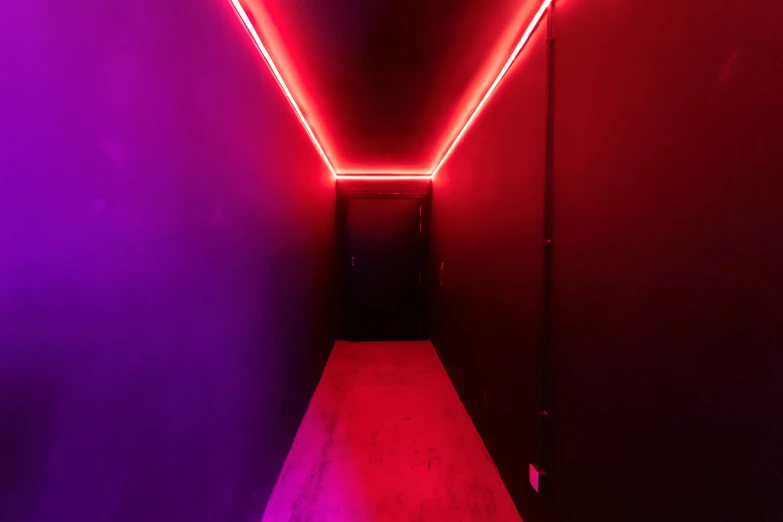 a long hallway with red and purple lights, an album cover, unsplash contest winner, light and space, neon pink and black color scheme, pitch black room, virtual metaverse room, red and blue lighting