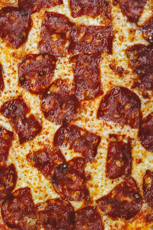 a close up of a pizza with pepperoni on it, an album cover, by Robbie Trevino, full frame image, highly upvoted, a high angle shot, made of glazed