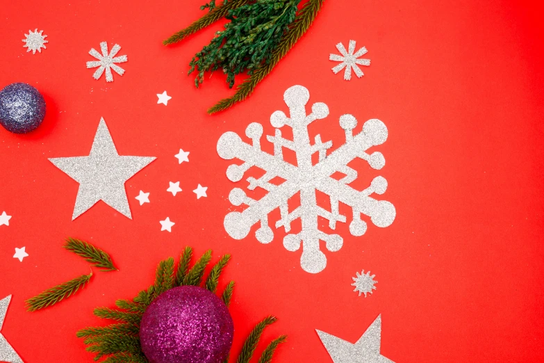 christmas decorations on a red background with stars and snowflakes, trending on pexels, process art, background image, die - cut sticker, instagram picture, alternate angle