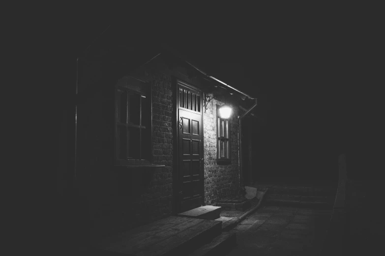 a black and white photo of a house at night, by Kristian Zahrtmann, pexels contest winner, retro dark vintage, brick, ✨🕌🌙, promo image