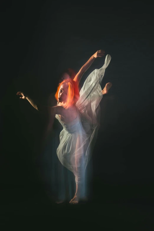 a woman in a white dress is dancing, a hologram, by David Donaldson, pexels contest winner, red glowing hair, dark ballerina, floating ghost, dirk dzimirsky