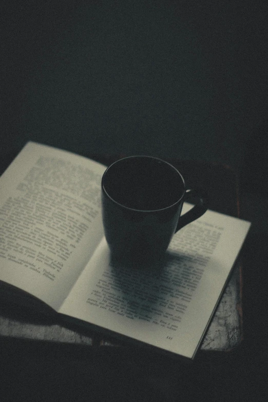 a cup of coffee sitting on top of an open book, a black and white photo, unsplash, dark and muted colors, photograph”