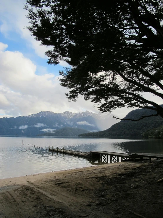 a bench sitting on top of a sandy beach next to a lake, inspired by Tadao Ando, unsplash, hurufiyya, andes mountain forest, under the soft shadow of a tree, today\'s featured photograph 4k, near a jetty