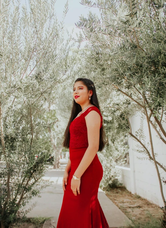 a woman in a red dress standing on a sidewalk, unsplash, bushes in the background, profile image, lorena avarez, low quality photo