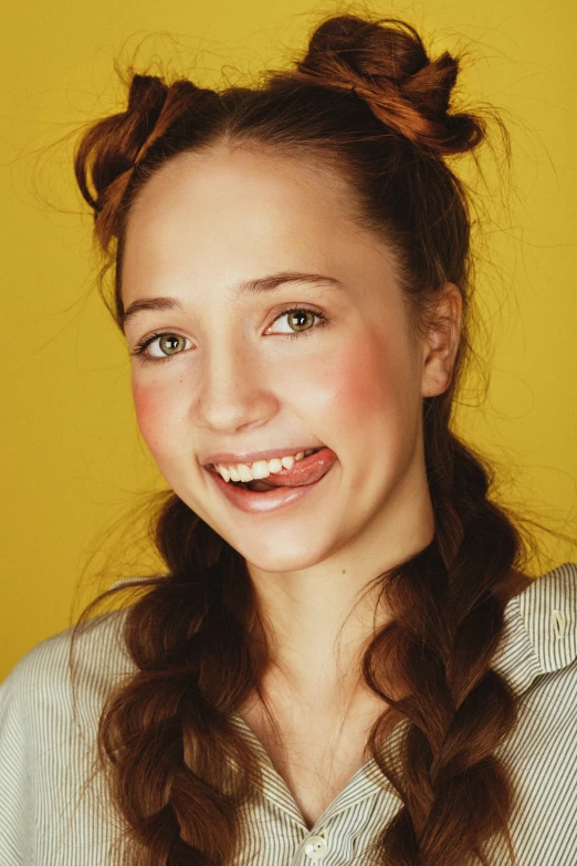 a close up of a person with long hair, inspired by Martin Schoeller, trending on pexels, yellow uneven teeth, pigtail, attractive young woman, joey king