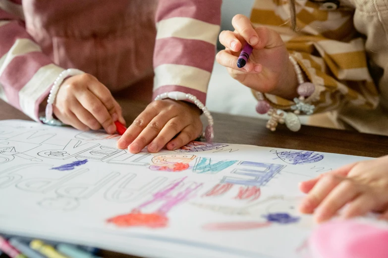 a couple of kids that are sitting at a table, a child's drawing, pexels contest winner, up close shot, colouring pages, thumbnail, opening shot