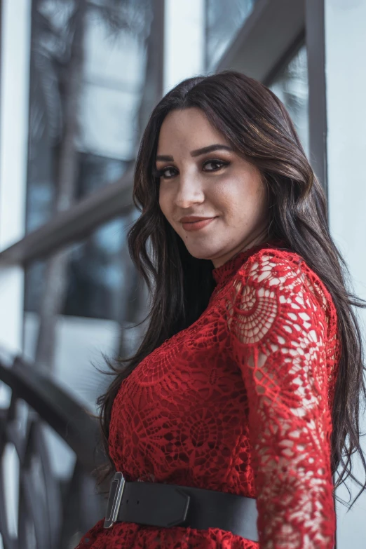 a woman in a red dress posing for a picture, young woman with long dark hair, promo photo, young middle eastern woman, lace