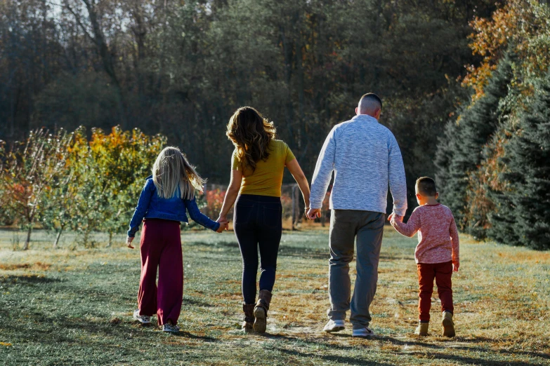 a family walking in a field holding hands, a portrait, by Carey Morris, pexels, holiday season, colored photo, casually dressed, color portrait