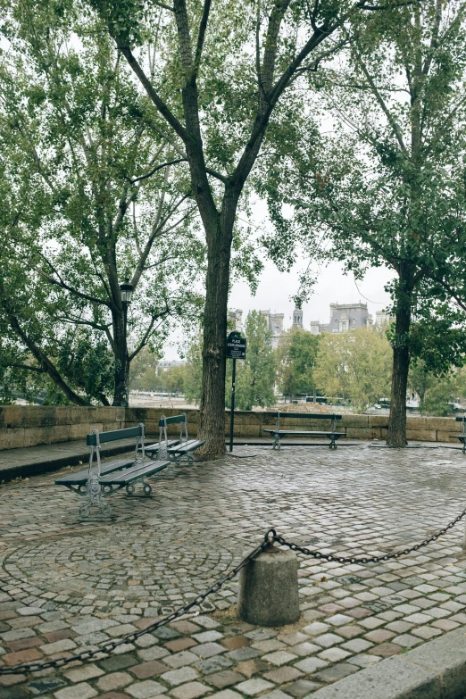 a couple of benches sitting in the middle of a park, cobblestone floors, gotham setting, ( castle in the background ), rainy afternoon