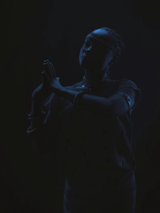 a man that is standing in the dark, a statue, inspired by Fei Danxu, unsplash, hurufiyya, billie eilish as a nun, pose(arms up + happy), cgsociety 8k, : kendrick lamar