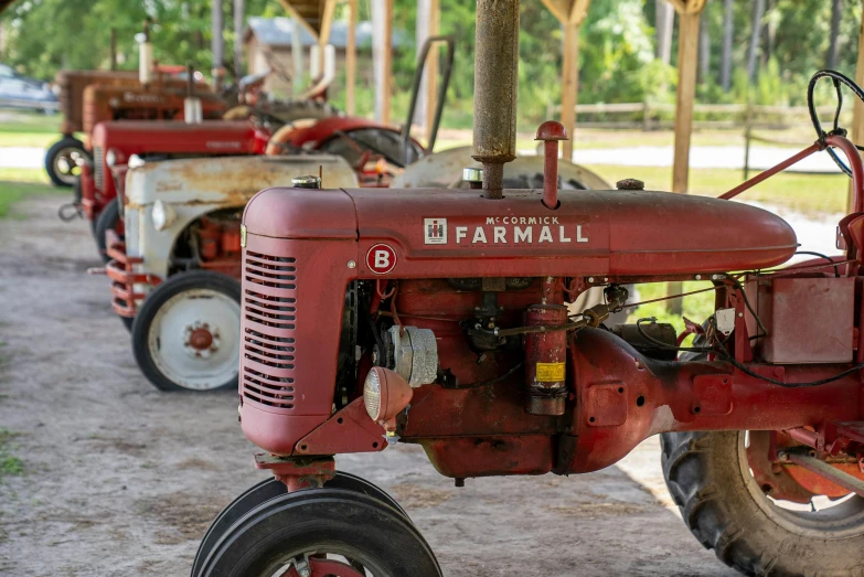 a couple of red tractors parked next to each other, a portrait, florida man, 🦩🪐🐞👩🏻🦳, preserved historical, on a farm