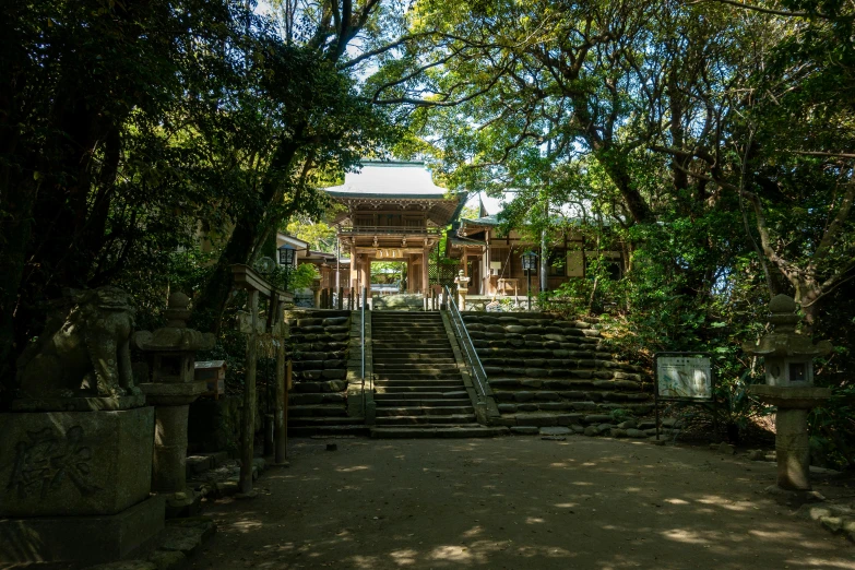 a group of steps leading up to a building surrounded by trees, inspired by Sesshū Tōyō, unsplash, shin hanga, ground level view, 2 5 6 x 2 5 6 pixels, japanese shrine, 4 k image