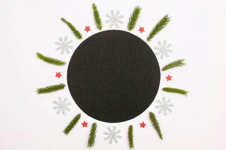 a black circle surrounded by pine branches and snowflakes, inspired by Malevich, shutterstock contest winner, land art, stars on top of the crown, bright sun ground, black sand, vantablack gi