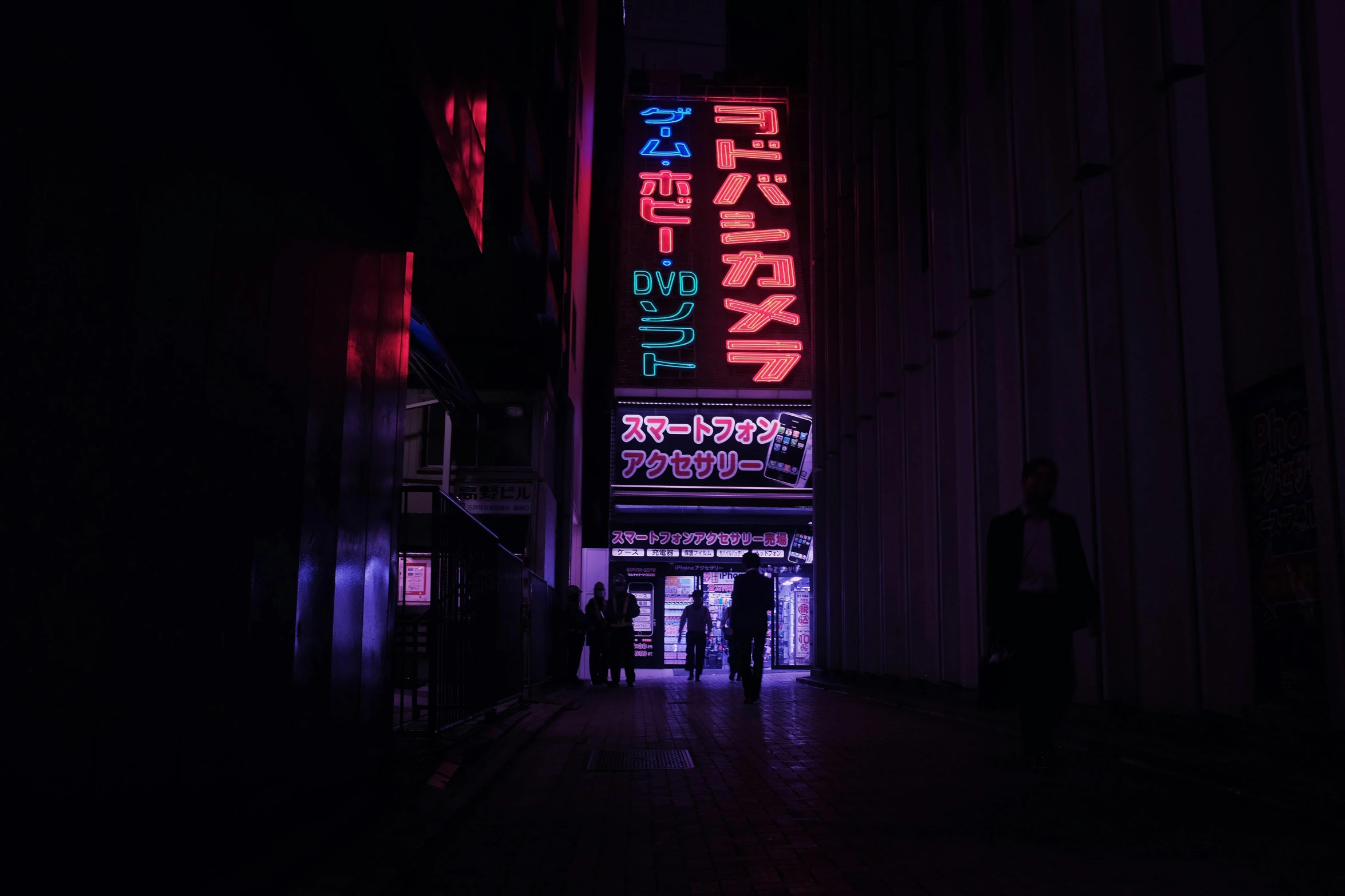 a city street at night with neon signs, cyberpunk art, inspired by Elsa Bleda, unsplash contest winner, shinjuku, people at night, retrowave noir, high quality photo