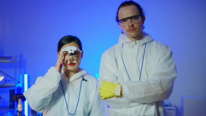 a couple of people standing next to each other, oled visor for eyes, chemical woekshop, press shot, freezing