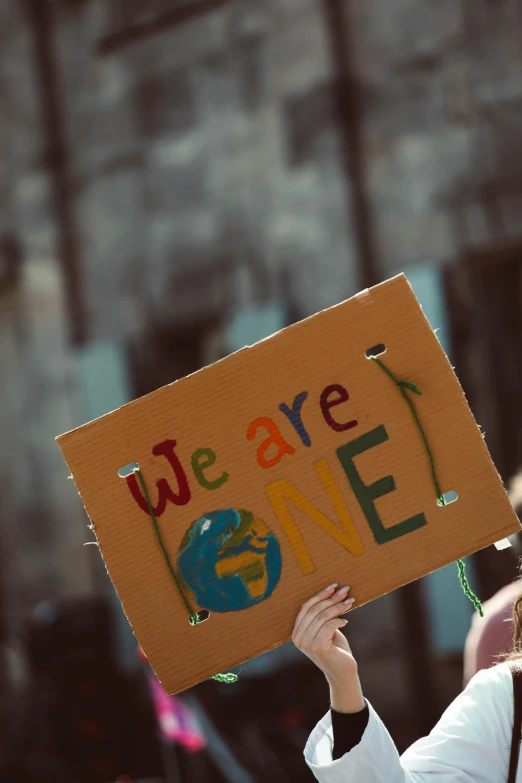 a woman holding a sign that says we are one, trending on pexels, renaissance, earth covers lightly, children's, thumbnail, cardboard