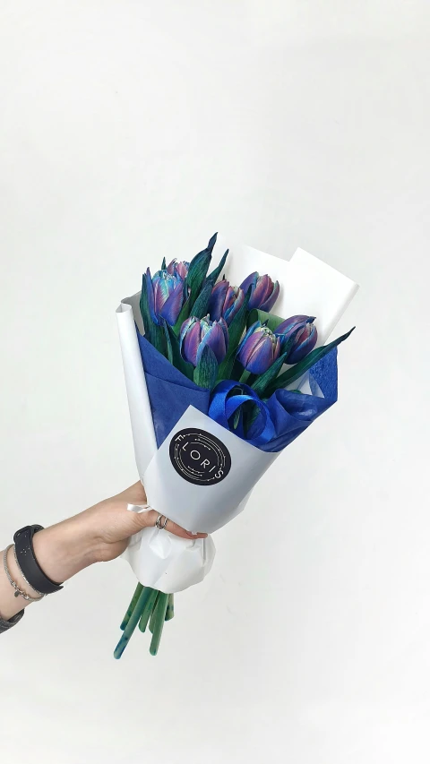 a woman holding a bouquet of purple and blue tulips, inspired by Choi Buk, infused with aurora borealis, cardboard, flowerpunk, in a row