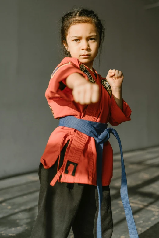 a little girl in a red karate outfit, inspired by Liao Chi-chun, pexels contest winner, visual art, battle action pose, orange gi, red and blue garments, girl wearing uniform