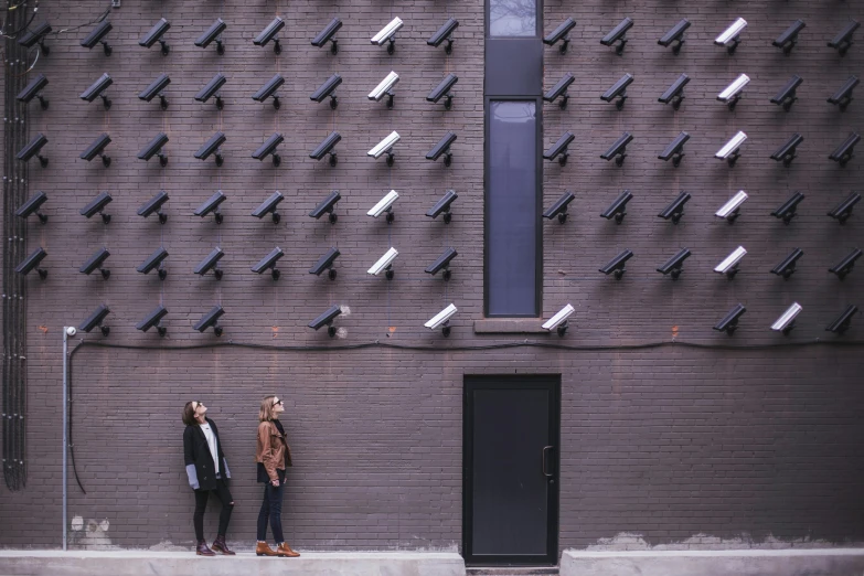 two people standing next to each other in front of a building, trending on pexels, conceptual art, cctv, cyber installation, brown, on a wall